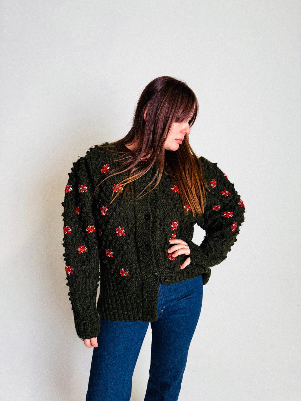 70s-80s Wool Handknit Popcorn and Flowers Cardigan with Glitter Buttons