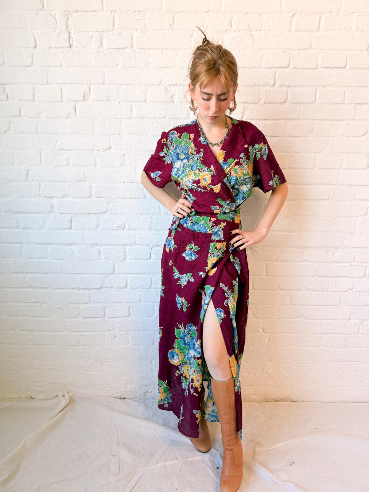 1930s–40s Burgundy Floral Crinkle Cotton Wrap House Dress