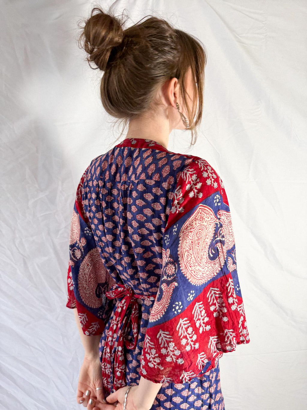 1970s Indian Cotton Gauze Block Print Dress with Angel Sleeves