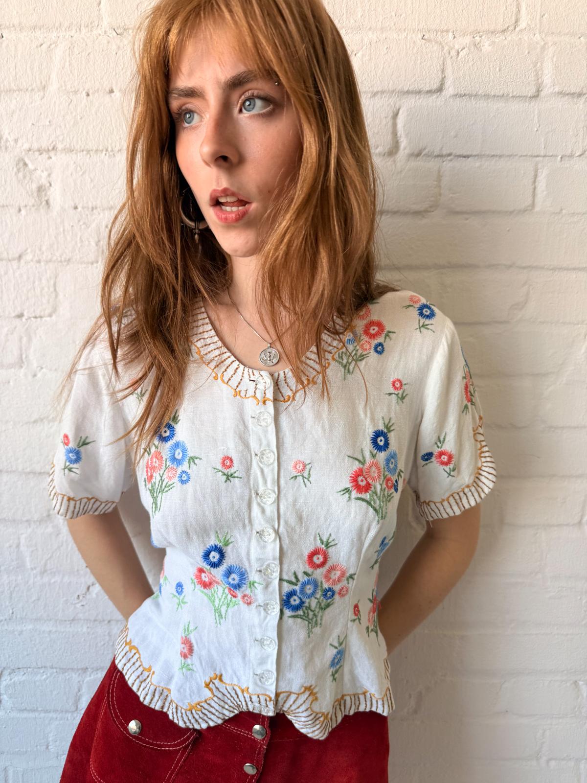 1940s–50s Embroidered Cotton Folk Trachten Blouse