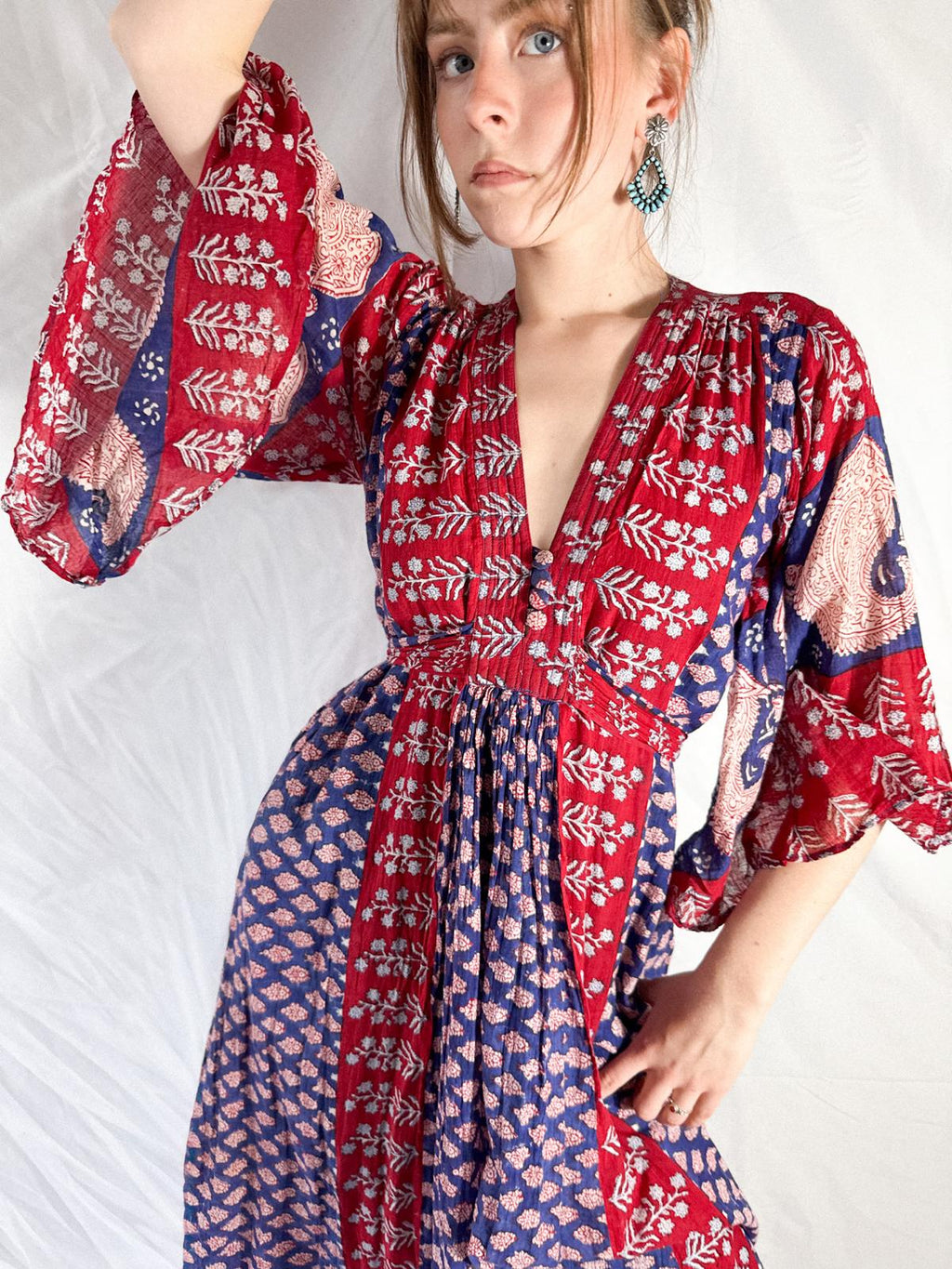 1970s Indian Cotton Gauze Block Print Dress with Angel Sleeves