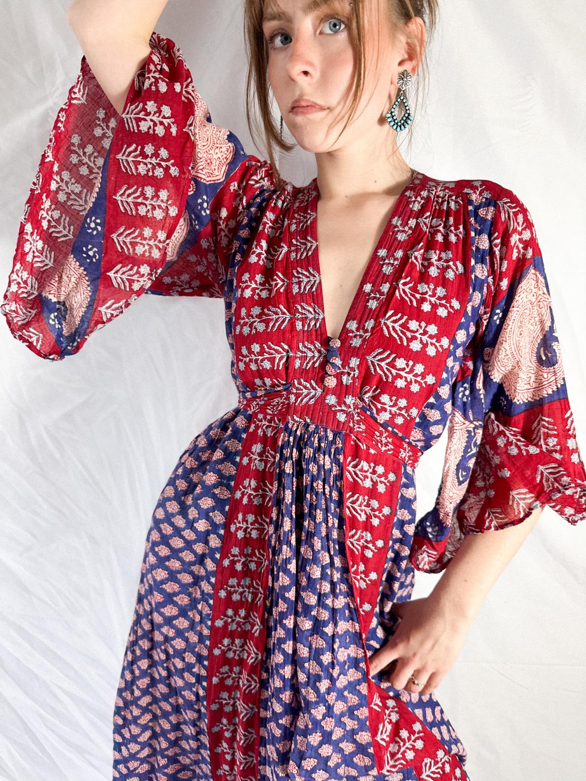 1970s Indian Cotton Gauze Block Print Dress with Angel Sleeves