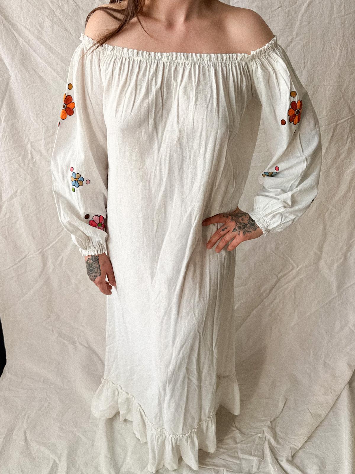 1970s Ecuadorian Embroidered Cotton Peasant Dress, Off Shoulder Prairie Maxi, White Folk Dress