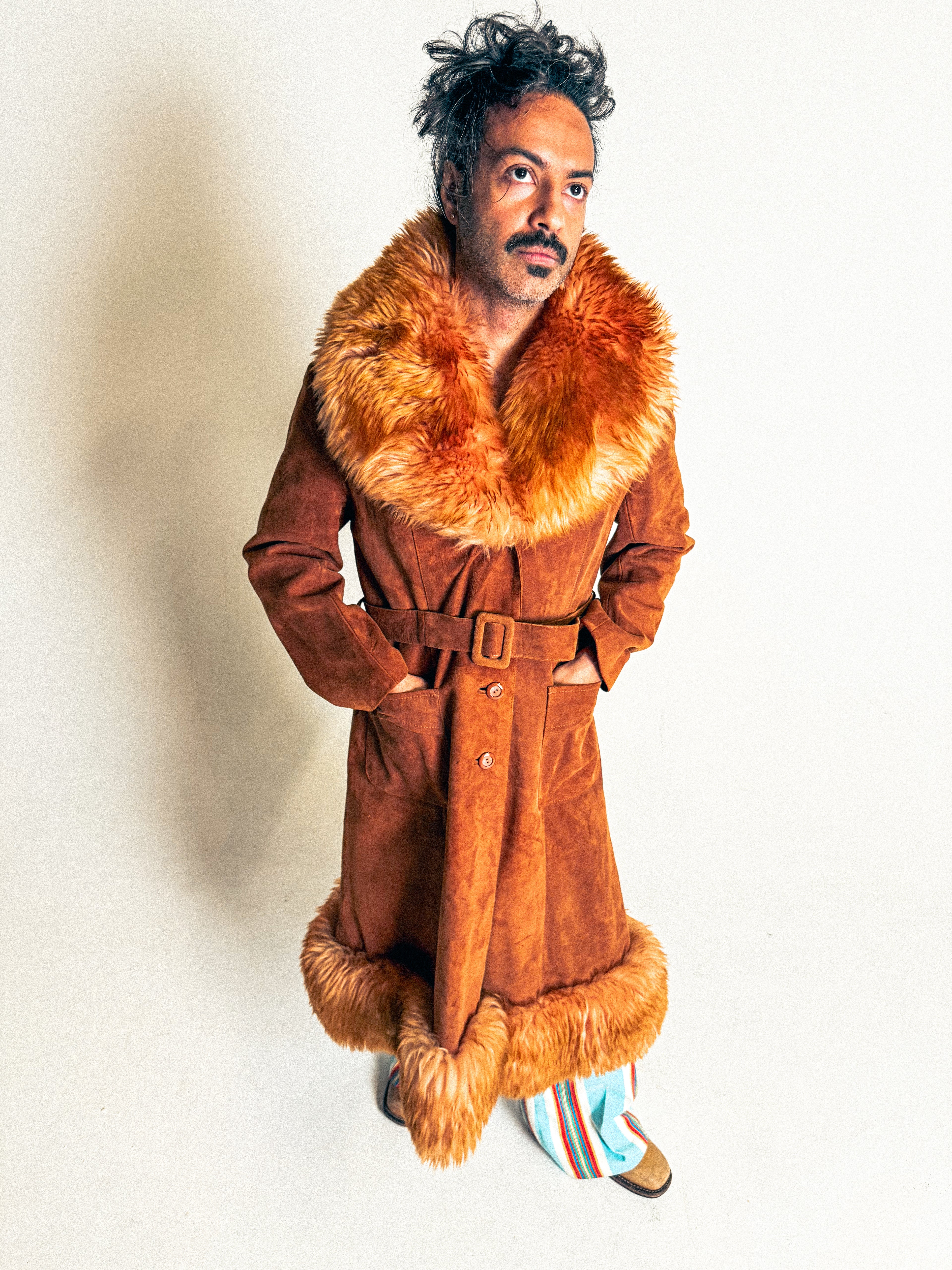 1970s Penny Lane Rusty Tangerine Suede and Sheepskin Belted Long Coat