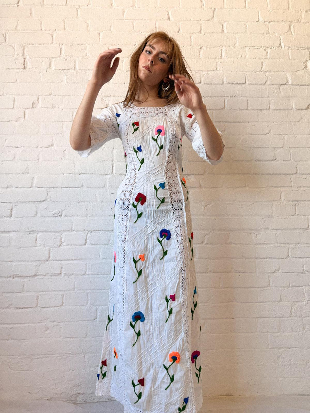 1970s Mexican-Style Embroidered Cotton & Crochet Maxi Dress