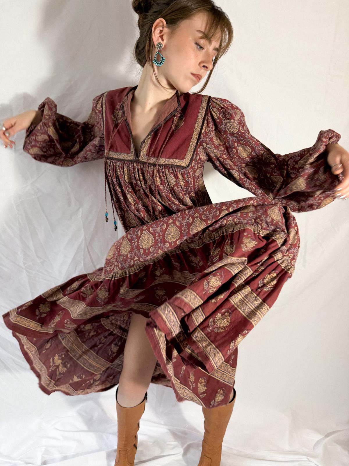 1970s Indian Block Print Cotton Dress with Tiered Skirt and Beaded Tassels