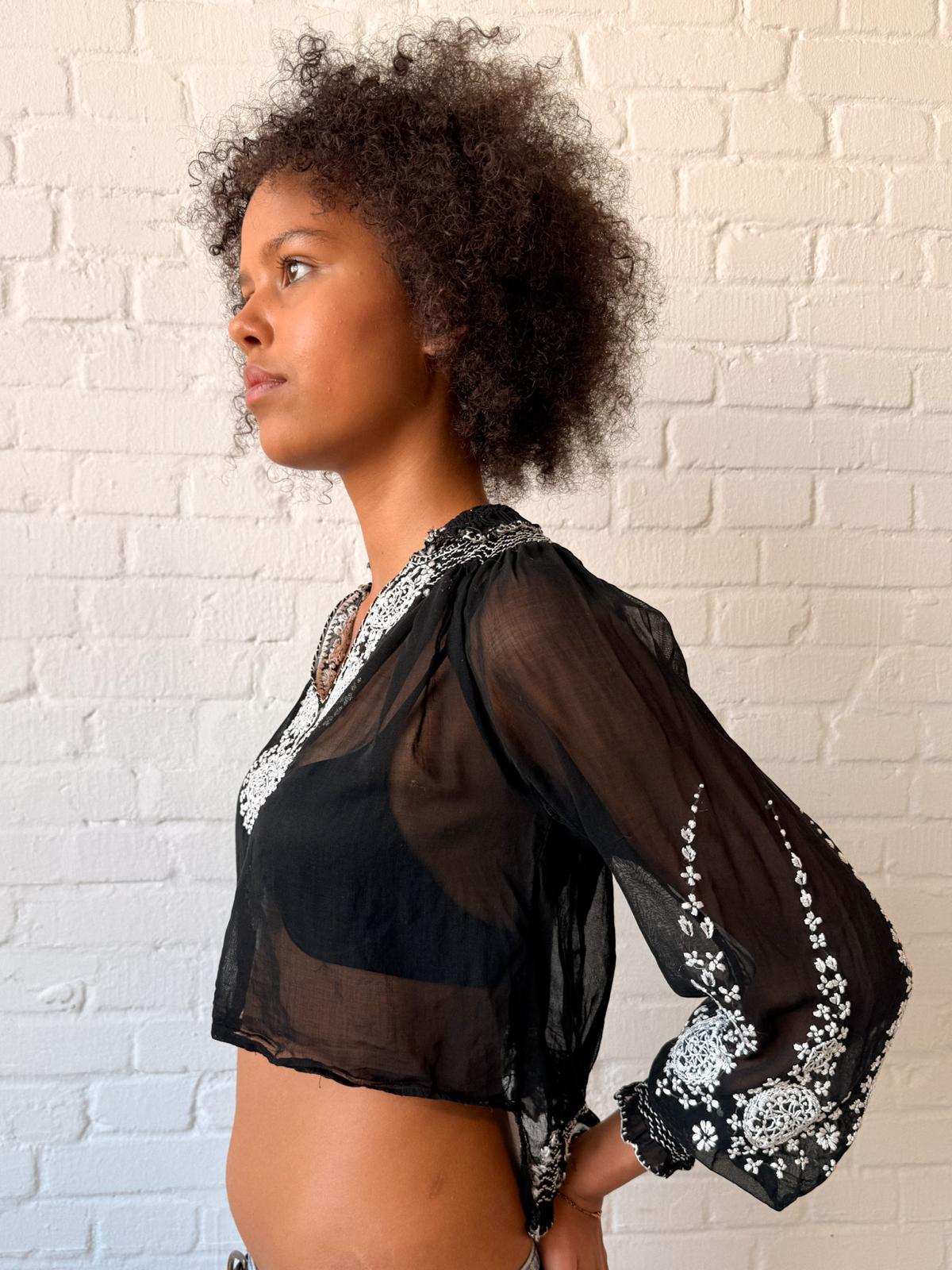 1920s–30s Eastern European Black Cotton Batiste Embroidered Folk Blouse