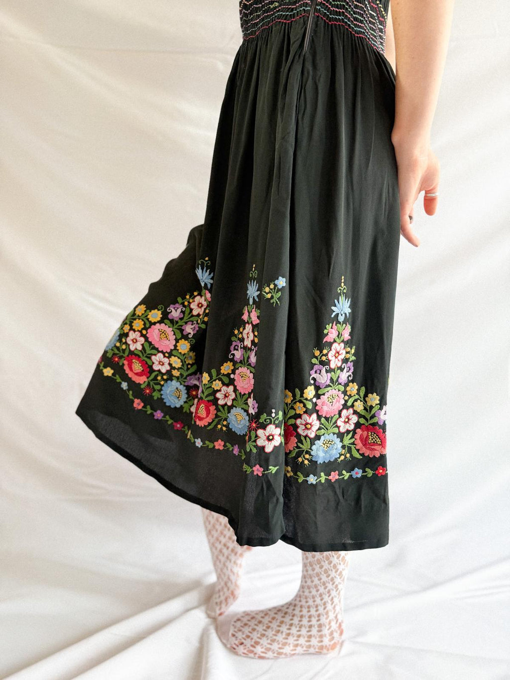 Rare Antique 1920s–Early 1930s Hand Embroidered Folk Dress – Black Rayon Crepe with Smocked Waist