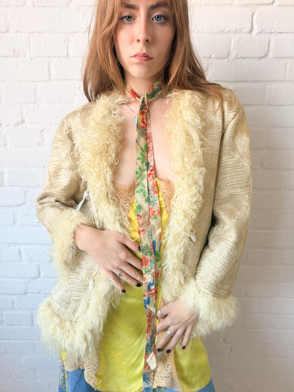 Rare 1960s–70s Fully Embroidered Afghan Style Shearling Jacket – Pearl Cream