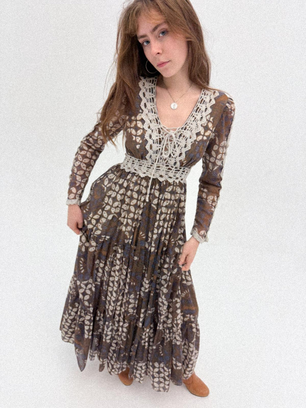 1970s Gunne Sax Prairie Dress with Lace Bib and Tiered Skirt