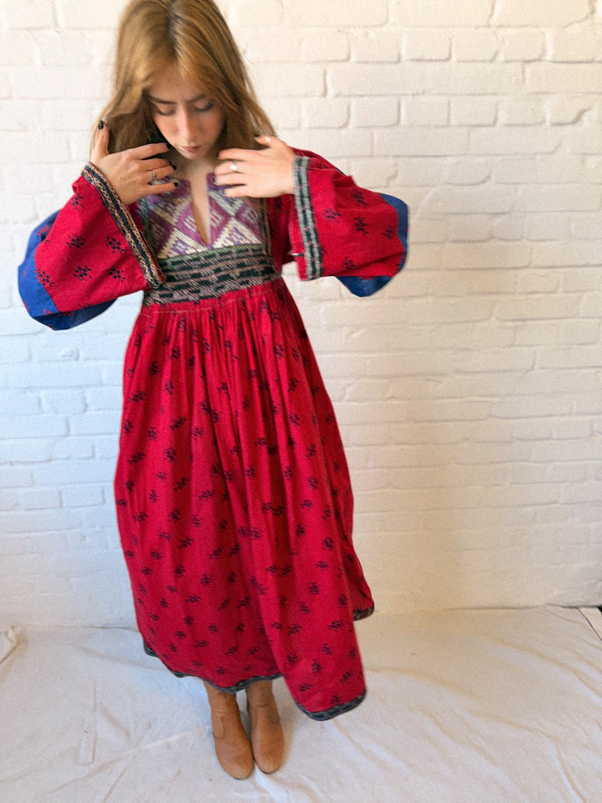 1970s Afghan Embroidered Maxi Dress – Red, Cobalt & Lavender