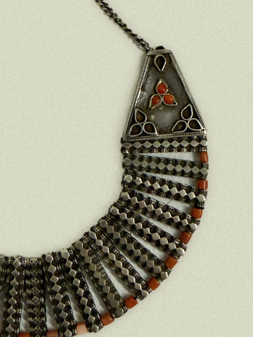 Vintage 1970s Tribal .900 Silver Fan Necklace with Red Glass Beads — India