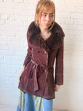 1970s Aubergine Suede & Shearling Coat with Oversized Fur Collar