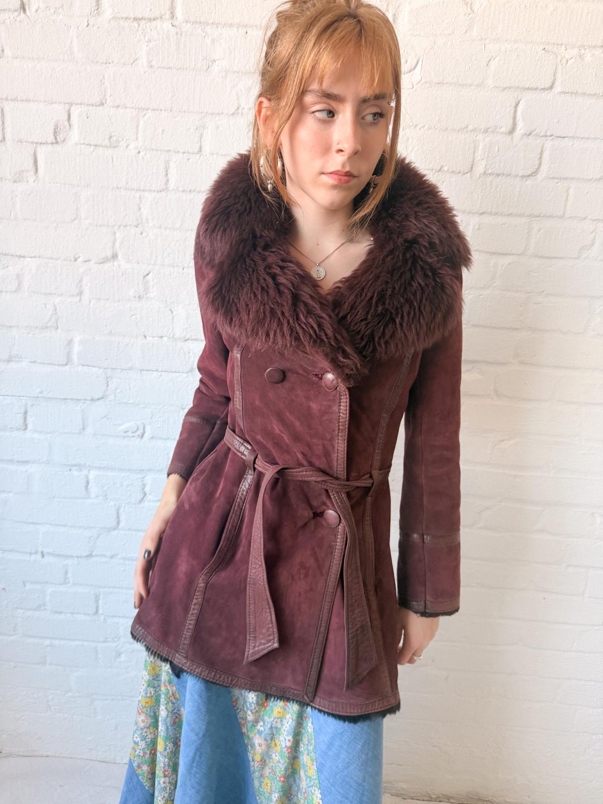1970s Aubergine Suede & Shearling Coat with Oversized Fur Collar
