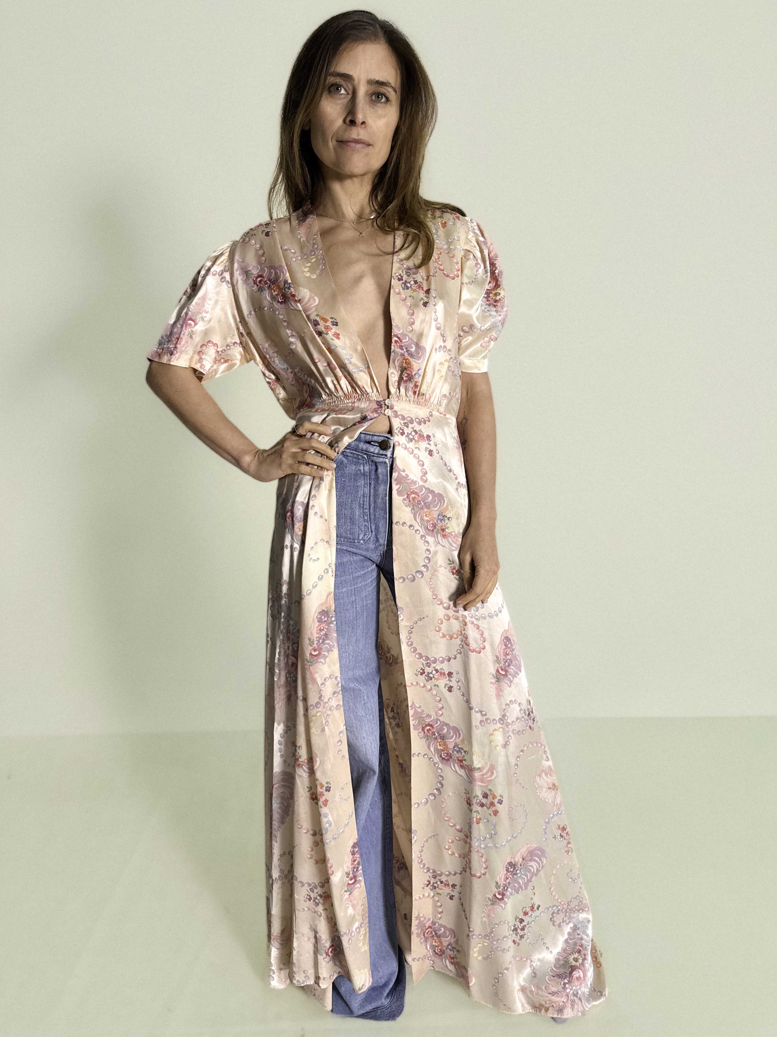 1930s–1940s Satin Peignoir Robe with Flared Panelled Skirt