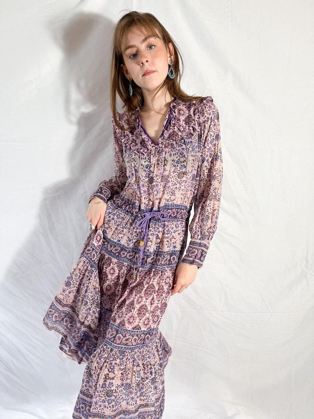 1970s Indian Cotton Gauze Block Print Prairie-Style Dress with Ruffled Neckline and Drawstring Waist