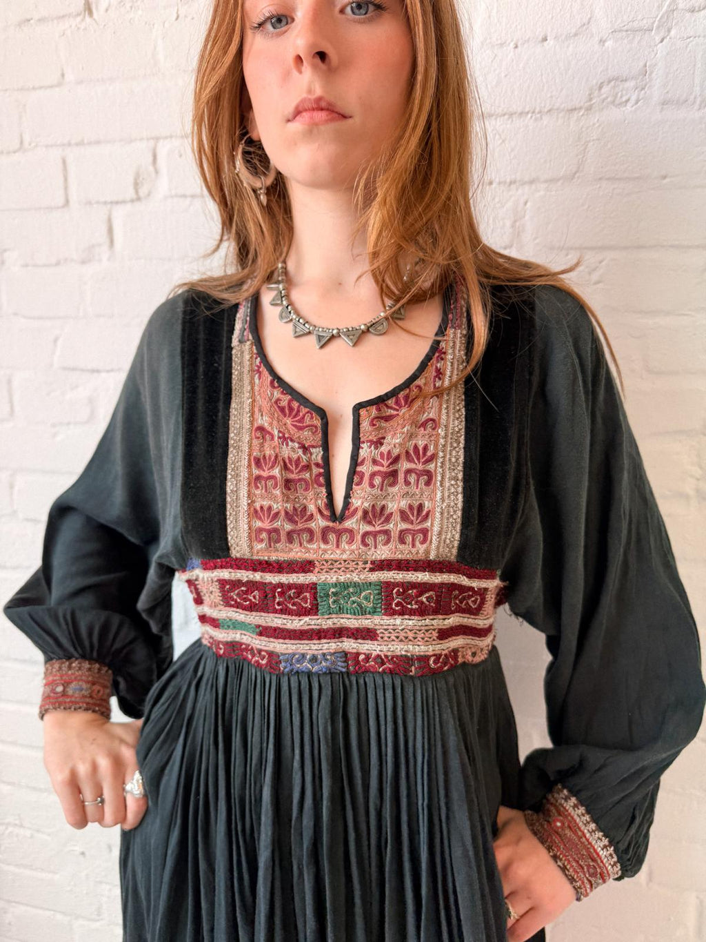 1970s Black Afghan Viscose Dress with Embroidered Velvet Yoke