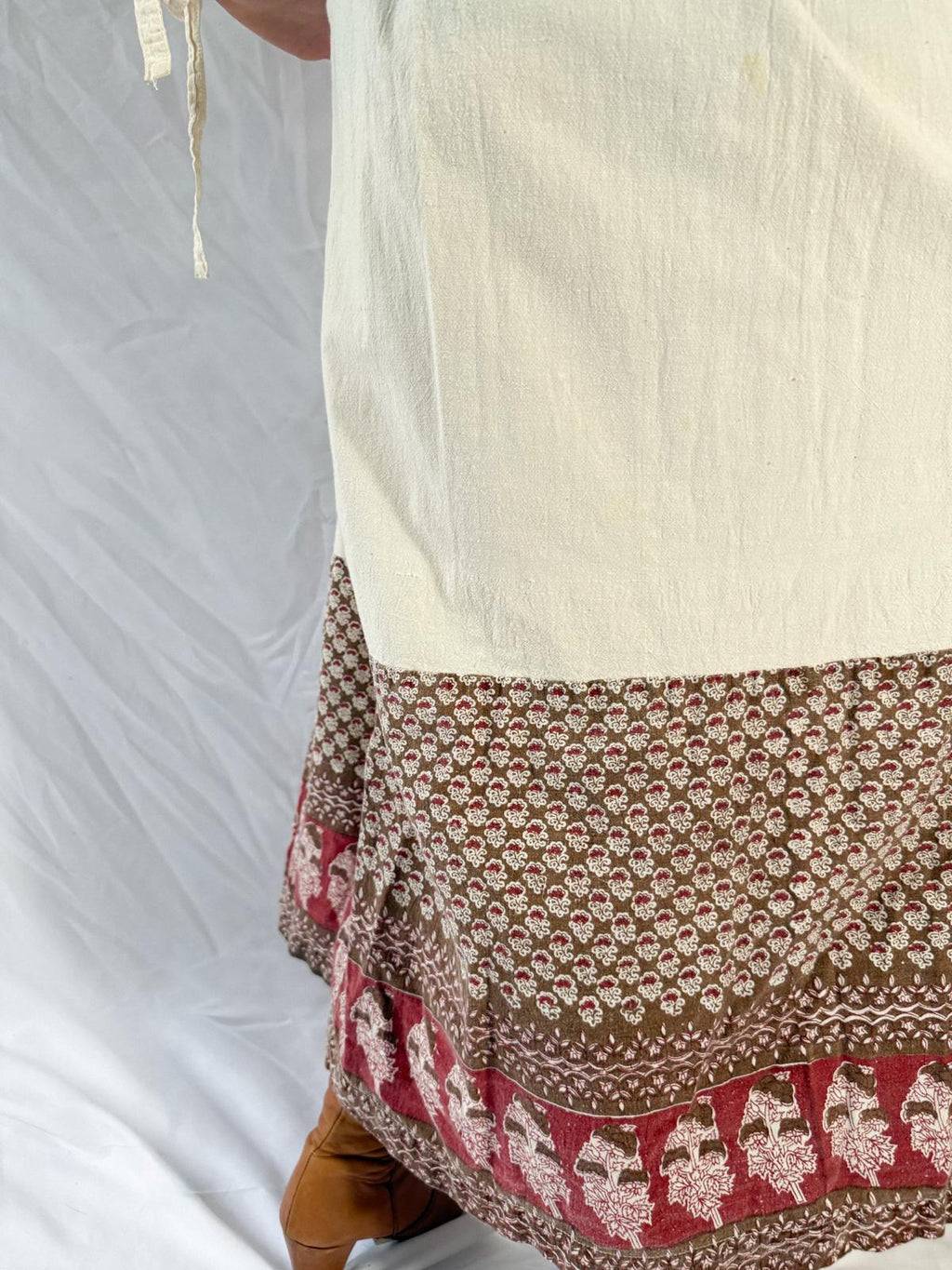 1970s Thick Cotton Blockprint Panel Dress in Cream