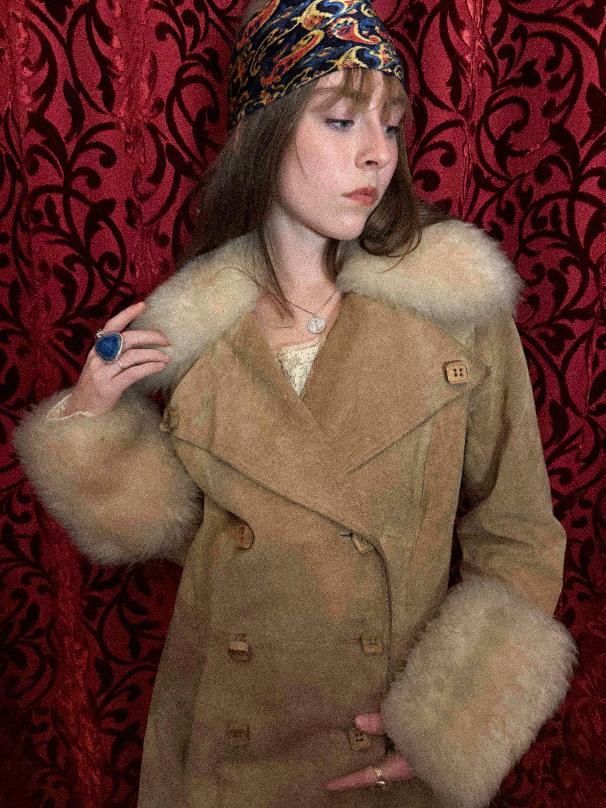 1970s Beige/Tan Suede Penny Lane Coat- Double-Breasted with Fur Collar and Cuffs