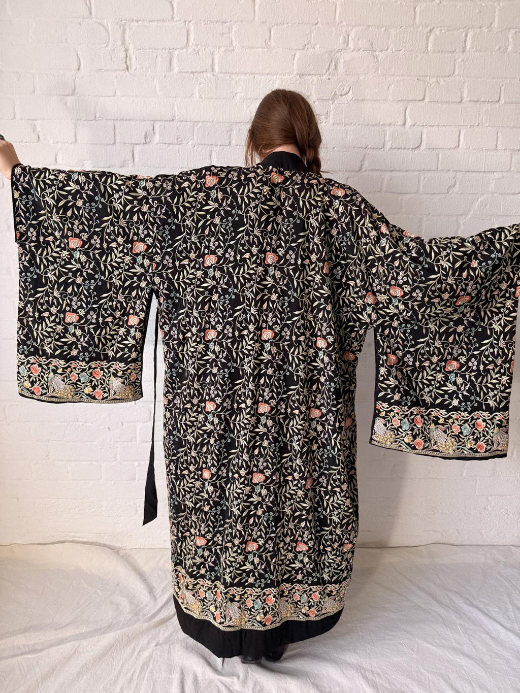 1920s Embroidered Peacock Hostess Kimono-Style Robe