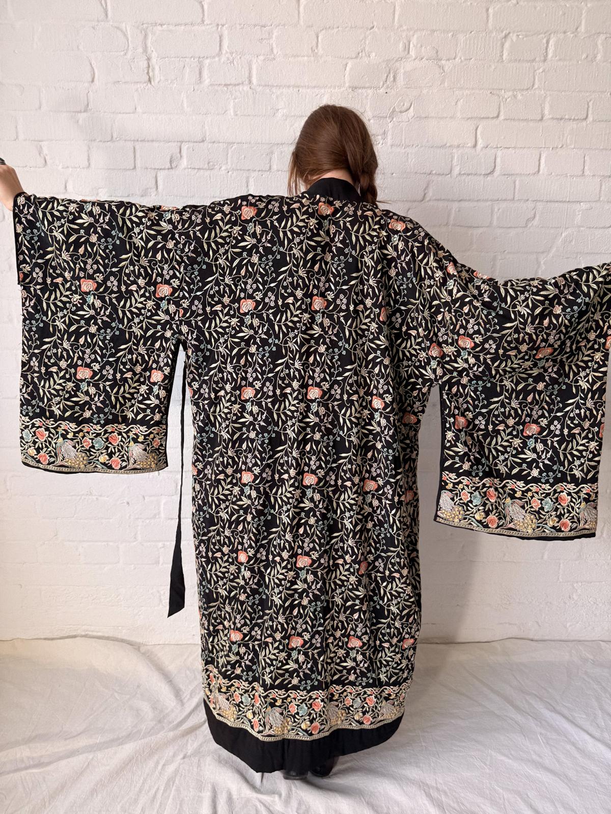 1920s Embroidered Peacock Hostess Kimono-Style Robe