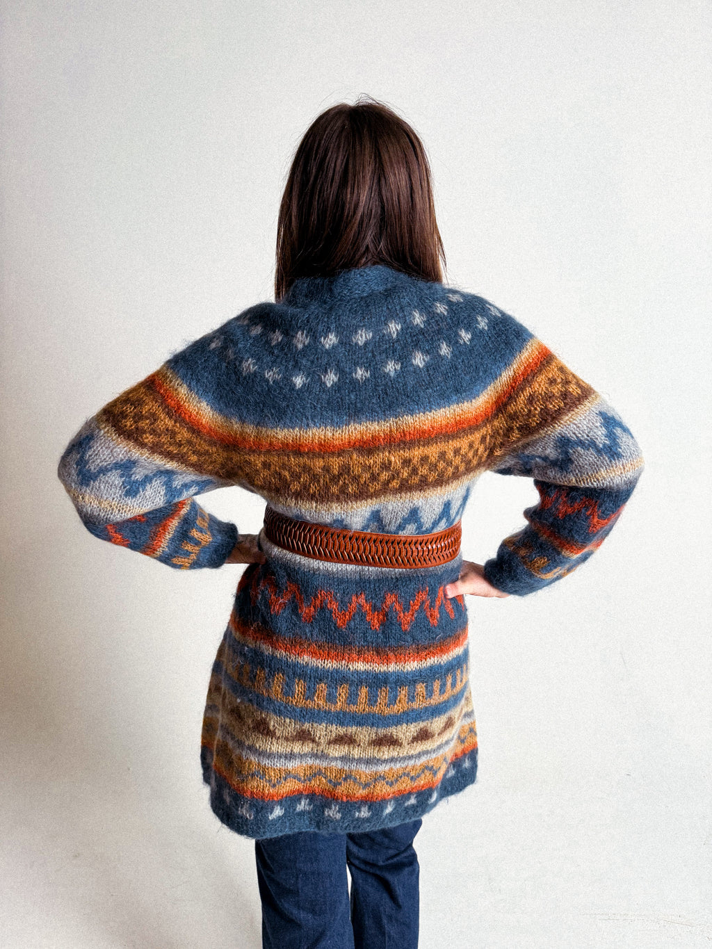 1970s/80s Long Mohair Cardigan with Nordic Pattern