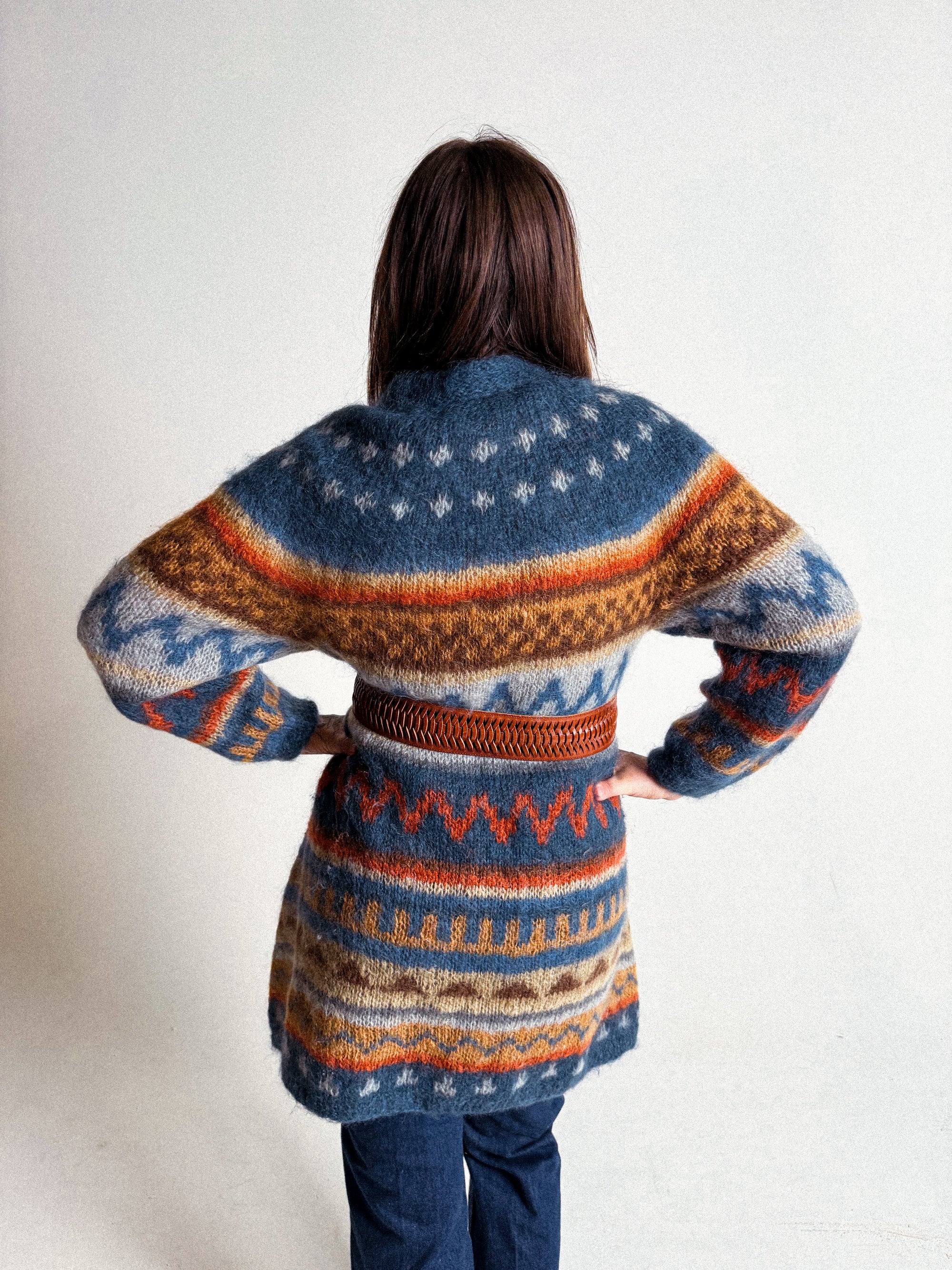 1970s/80s Long Mohair Cardigan with Nordic Pattern