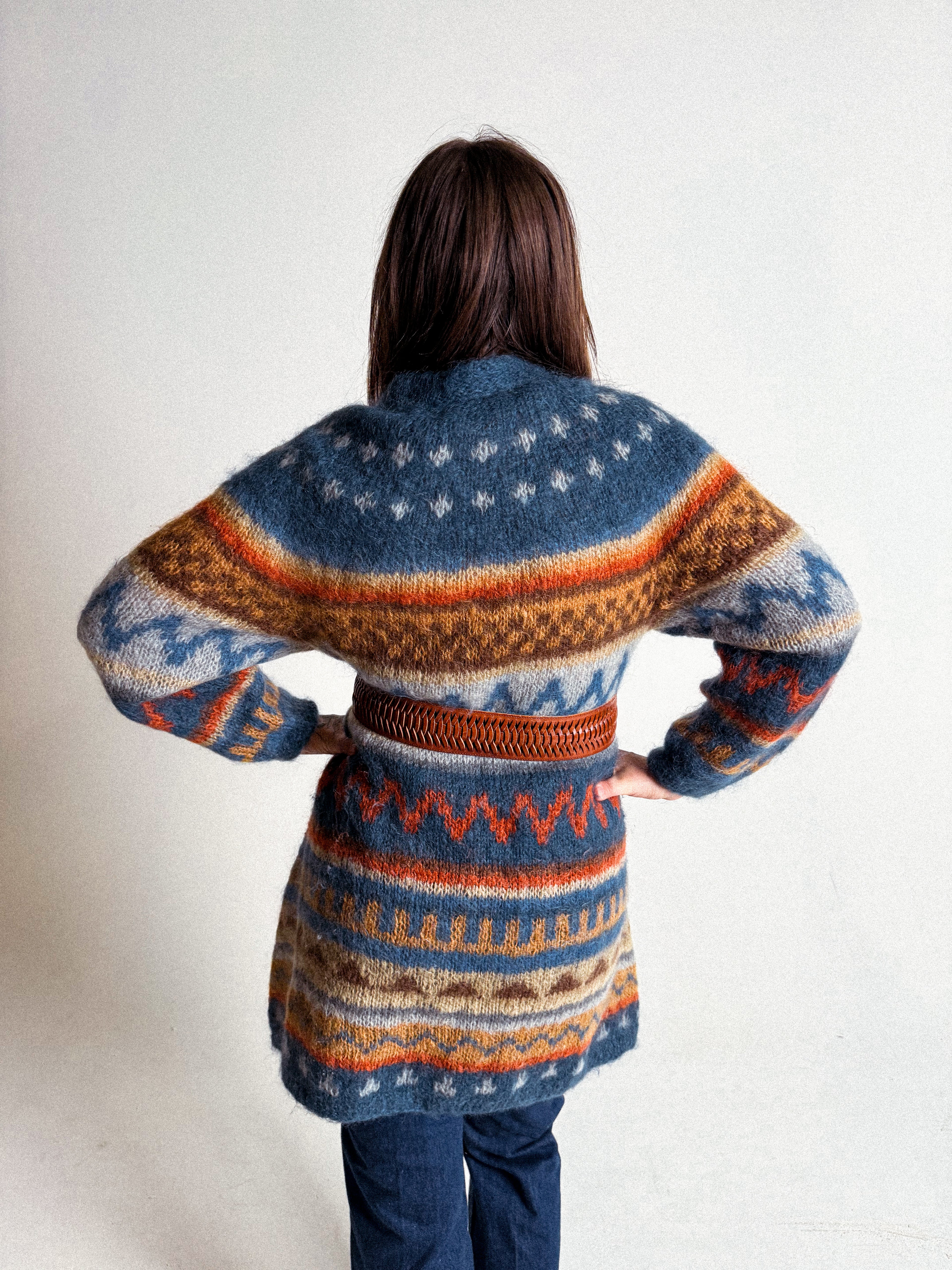 1970s/80s Long Mohair Cardigan with Nordic Pattern