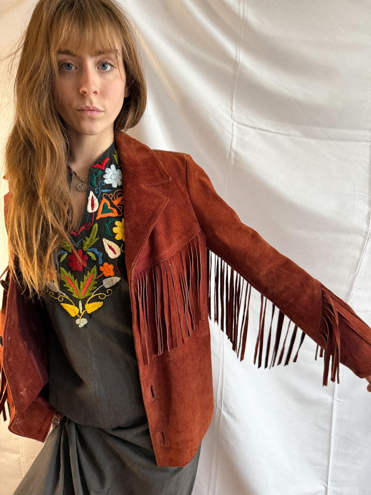 1960s Mexican Suede Fringe Jacket in Berry Rust Red