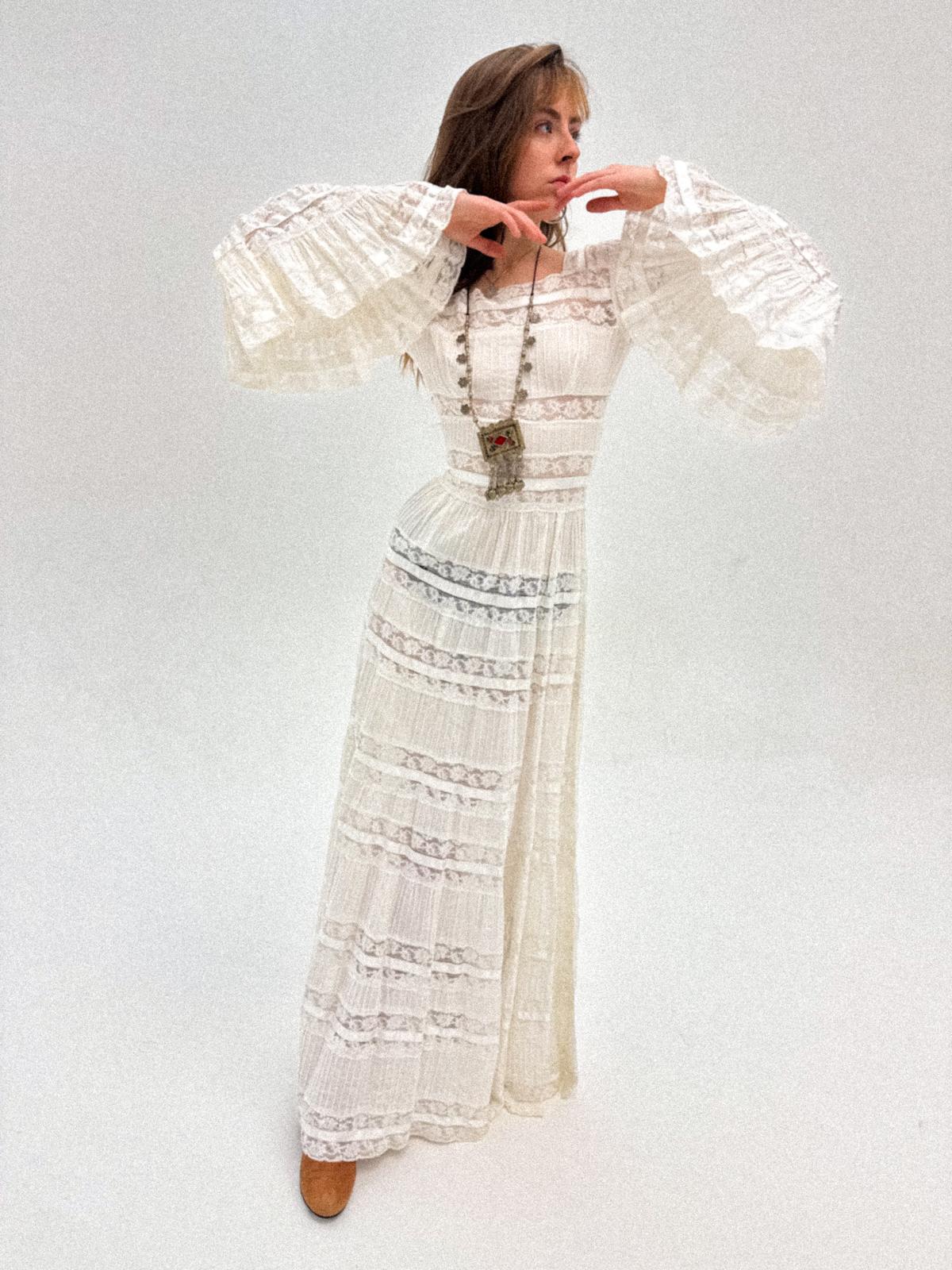 Mexican Cotton Wedding / Bohemian Dress, 1970s