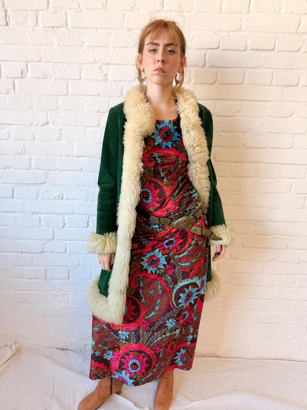 1970s Psychedelic Crushed Velvet Maxi Dress – Pink, Turquoise & Brown