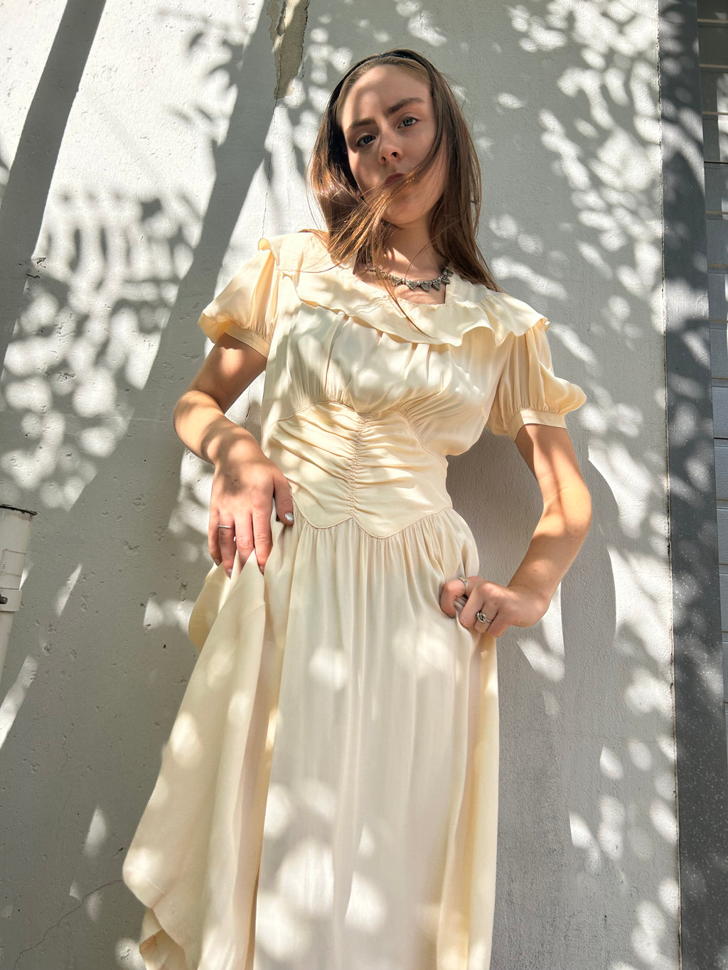 1930s Rayon Crepe Light Apricot Ruffled Dress