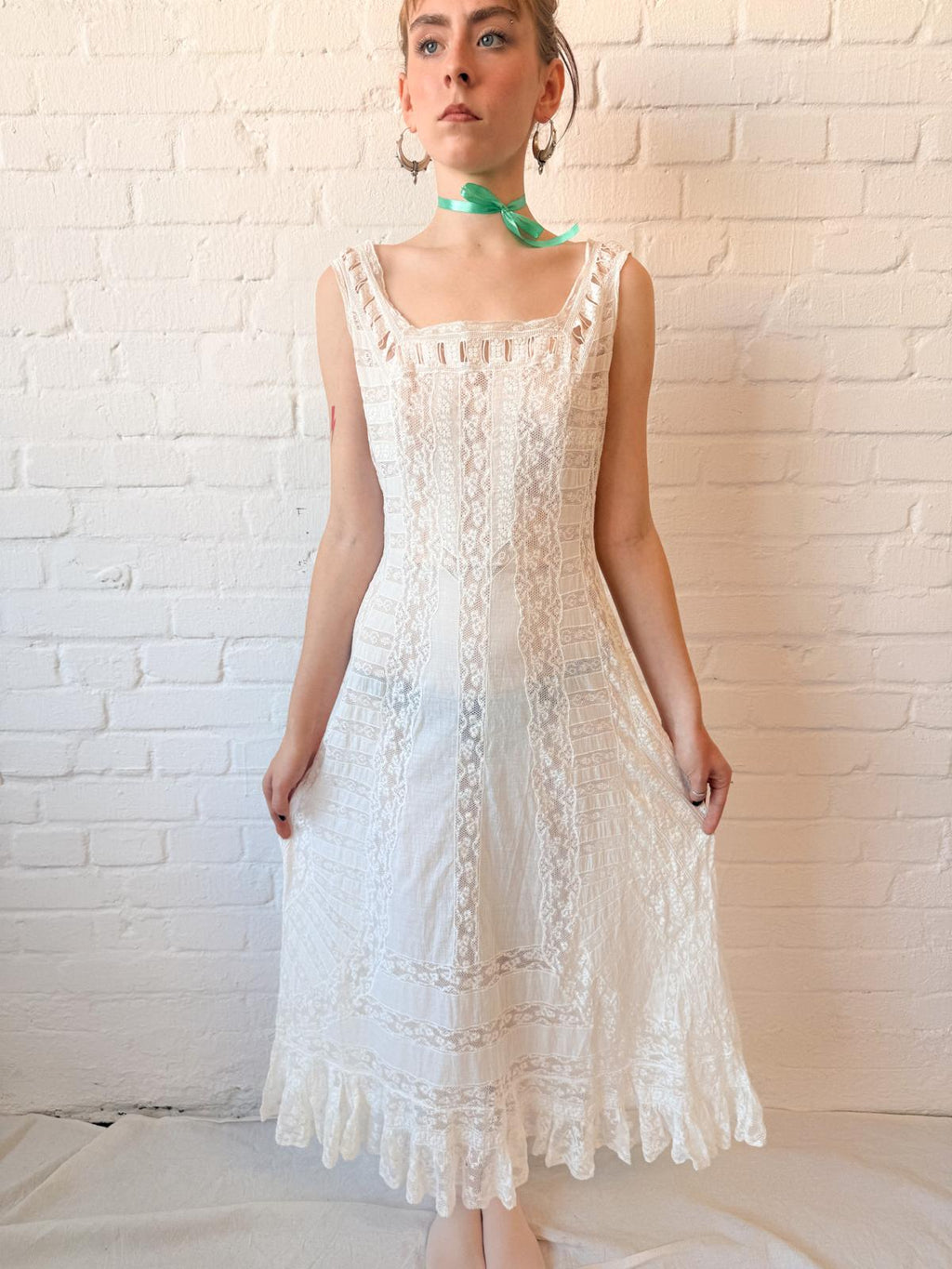 Antique 1910s Edwardian Lace Lingerie Dress – White Cotton & Lace Wedding Dress