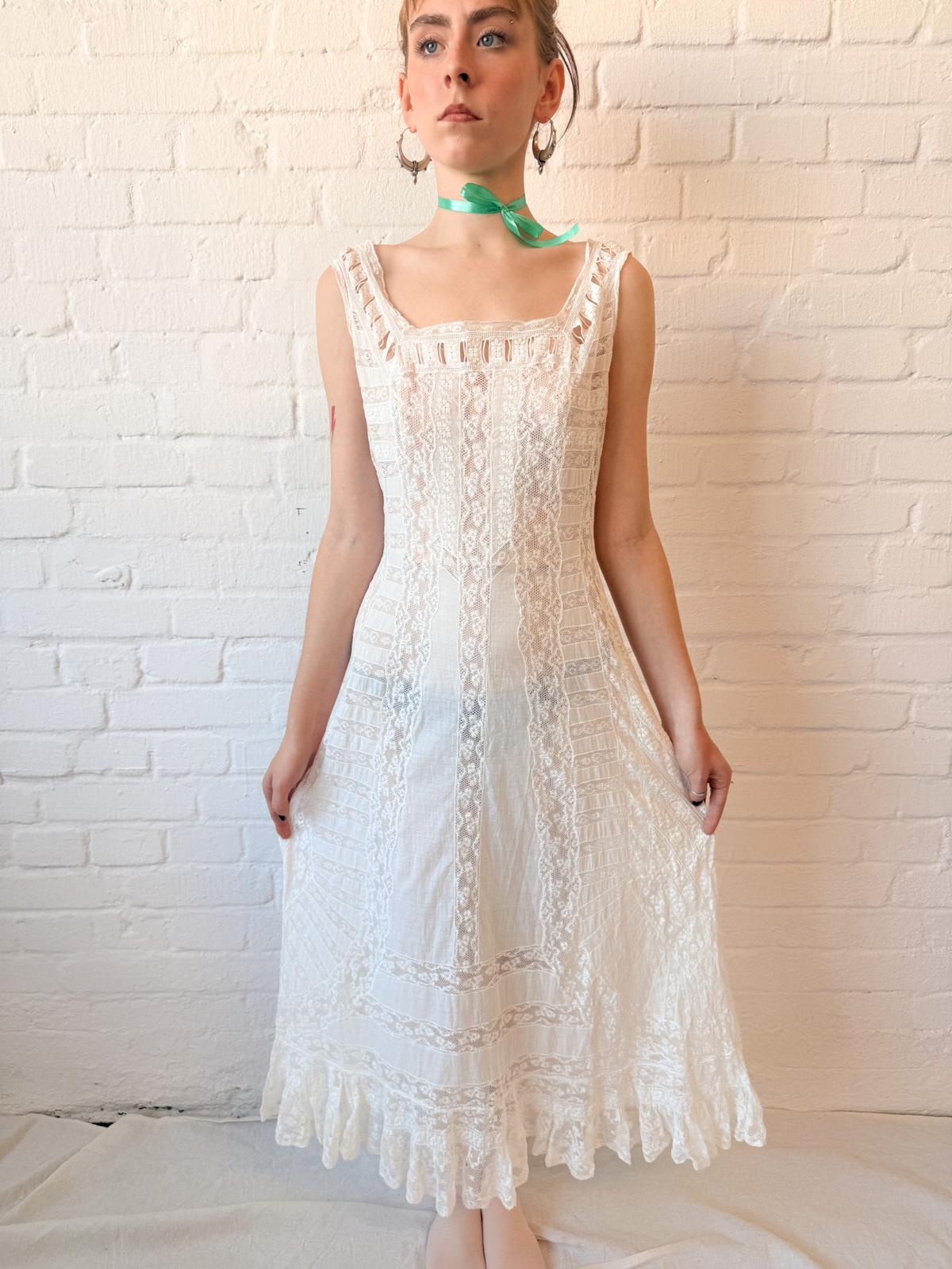 Antique 1910s Edwardian Lace Lingerie Dress – White Cotton & Lace Wedding Dress