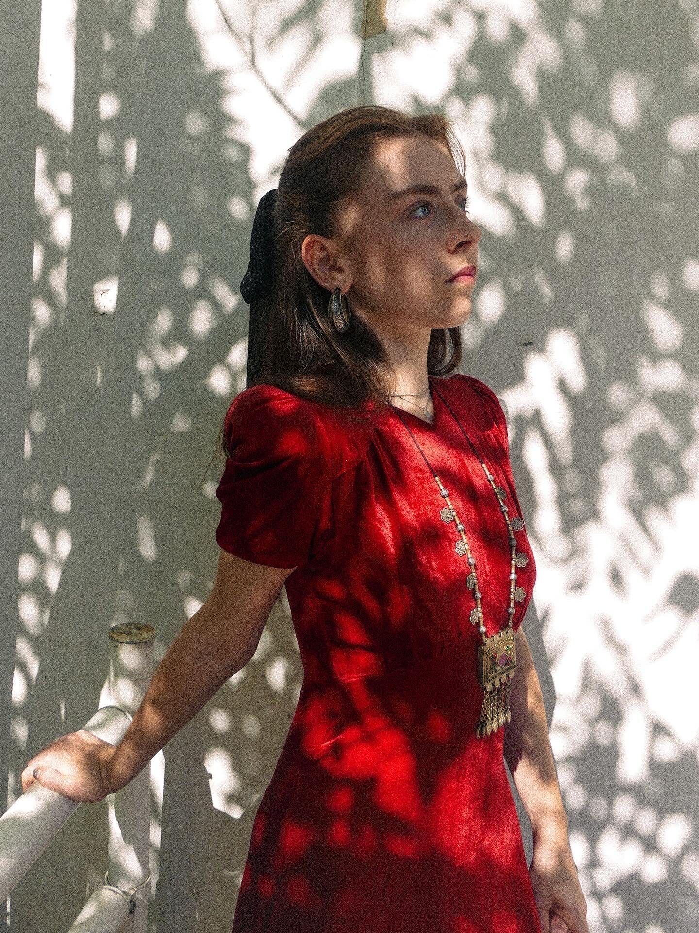 Crimson Silk velvet late 1930s / early 40s Button-Up Dress