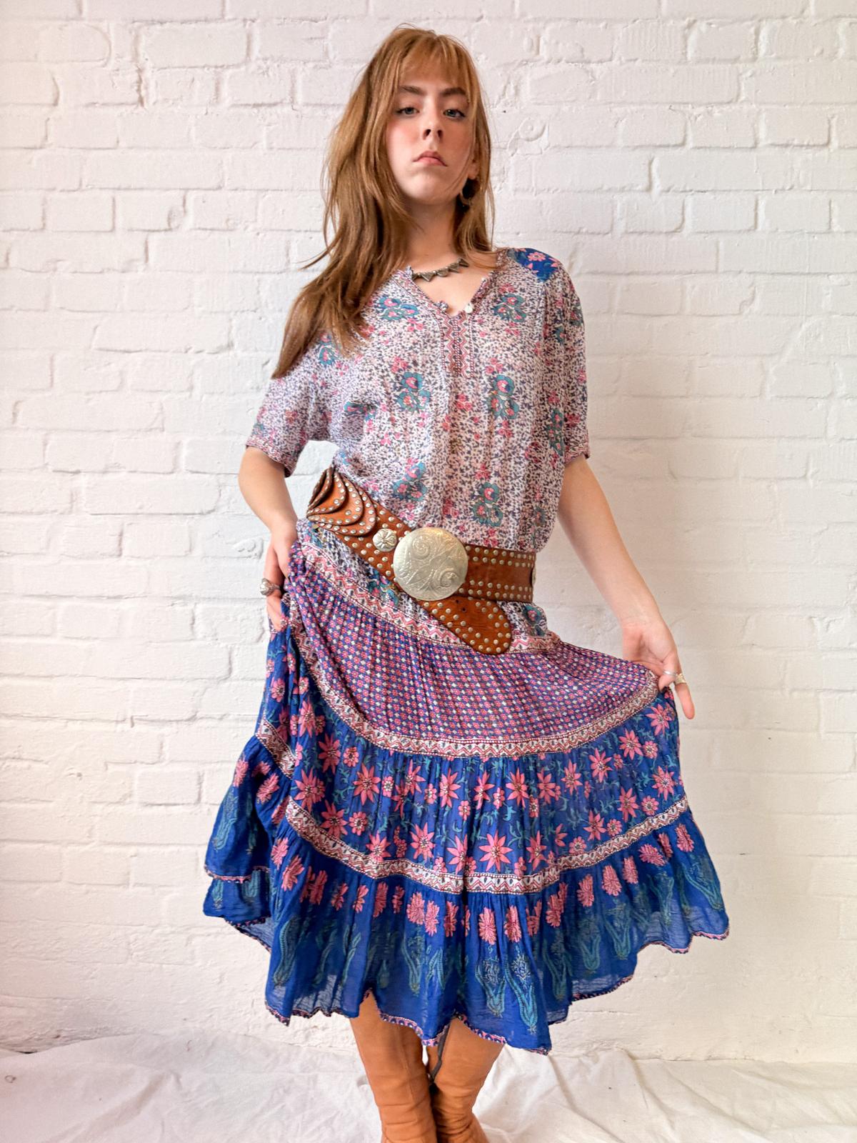 Vintage Late 1970s Adini Indian Cotton Floral Tiered Midi Dress