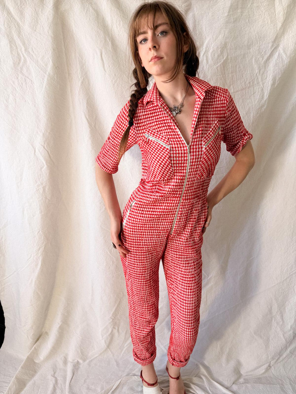 1970s Betty Barclay Red Gingham Zip Front Jumpsuit