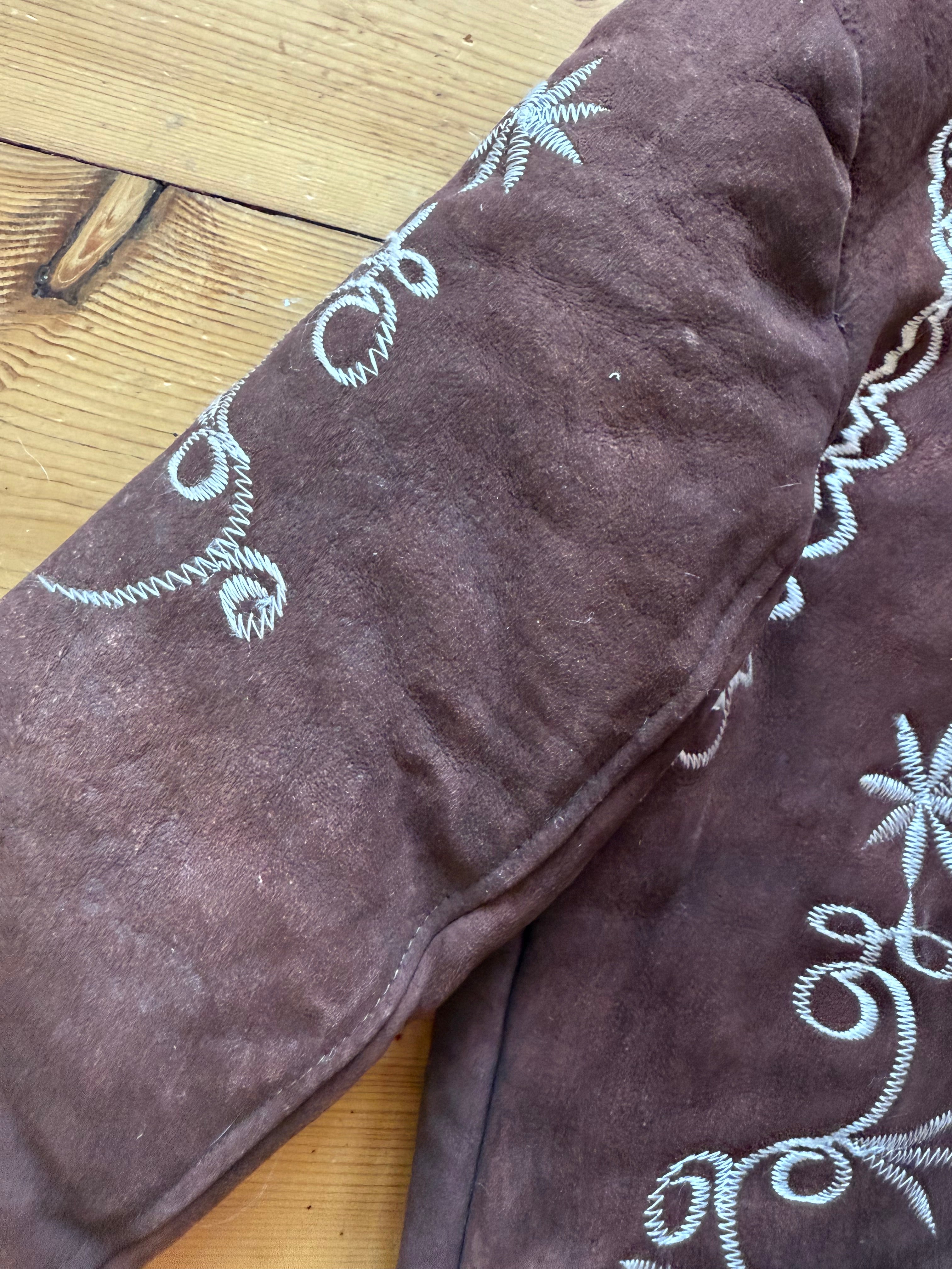 1970s Afghan Shearling Coat – Chocolate Brown with Creamy Trims and Ivory Embroidery
