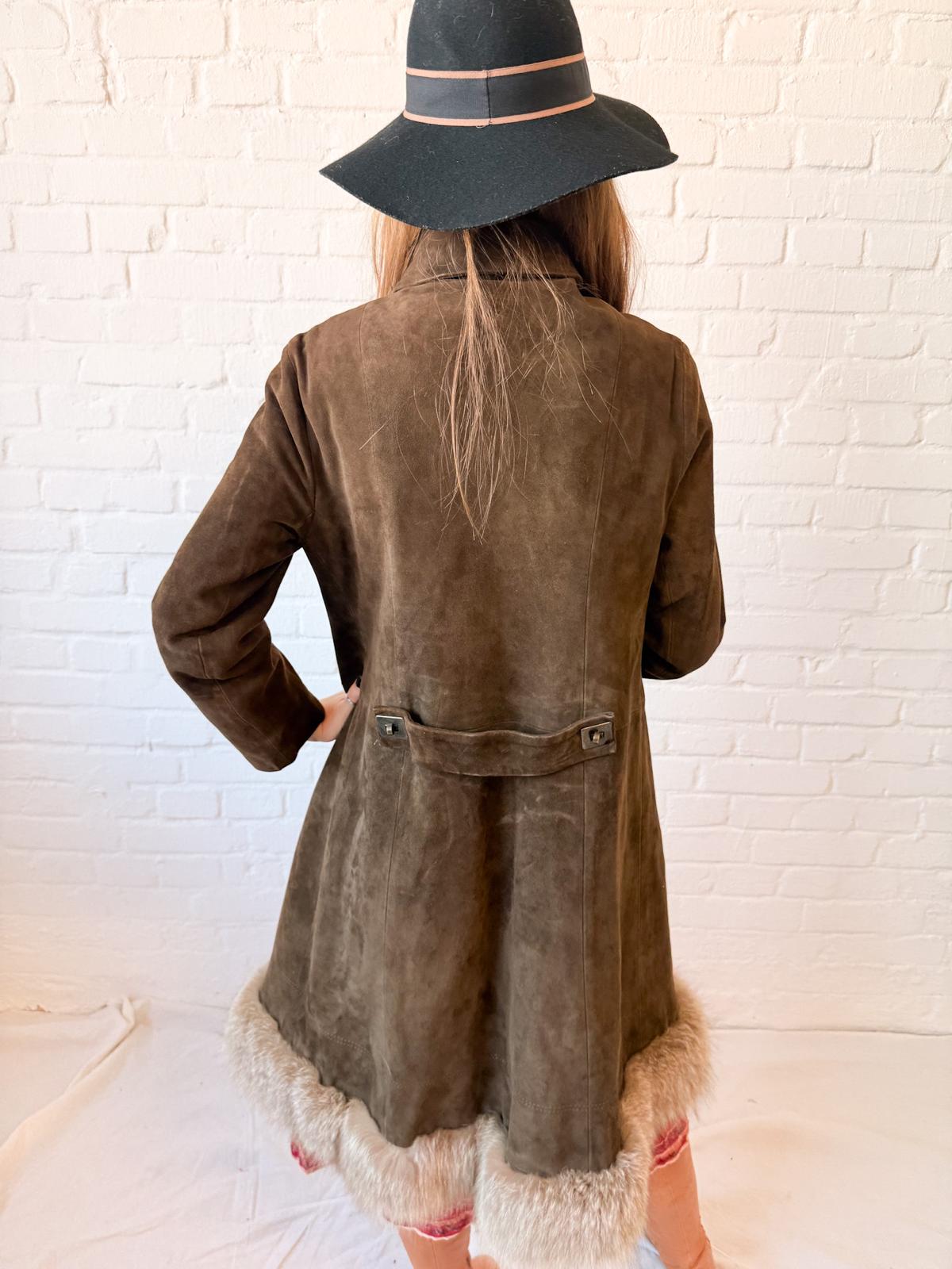 1970s Brown Suede Penny Lane Princess Coat with Statement Metal Fastenings