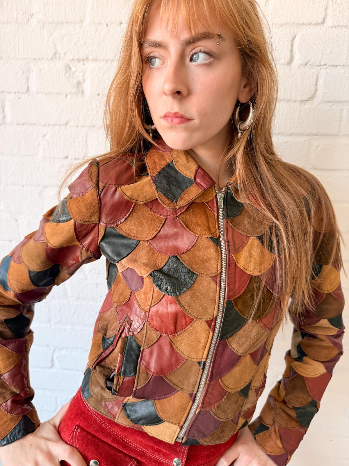 1970s Multicolour Leather & Suede Fish Scale Patchwork Jacket