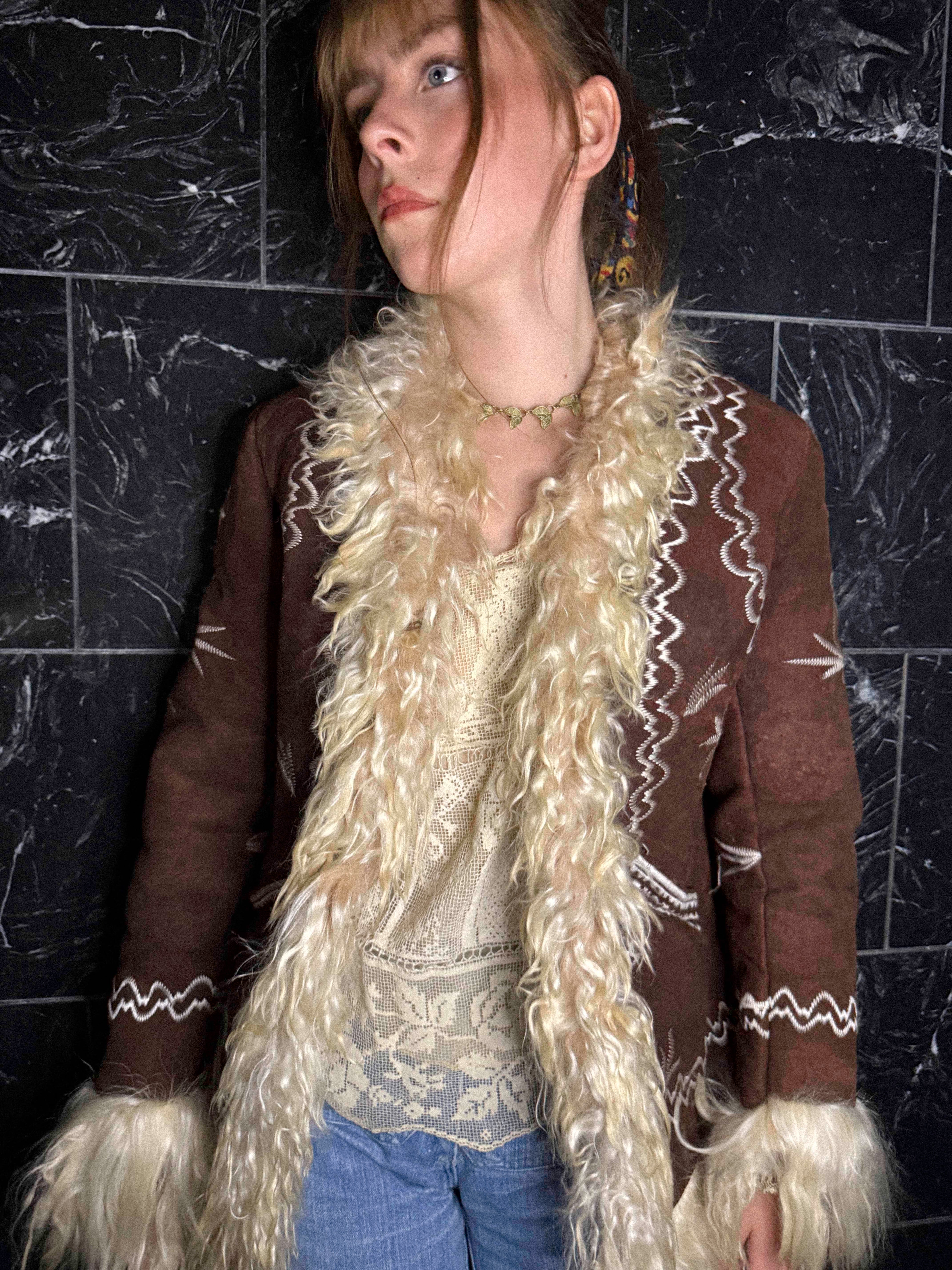 1970s Afghan Shearling Coat – Chocolate Brown with Creamy Trims and Ivory Embroidery