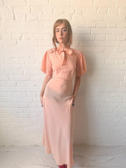 1930s Salmon Pink Silk Bias Cut Maxi Nightgown with Pussy Bow & Embroidery