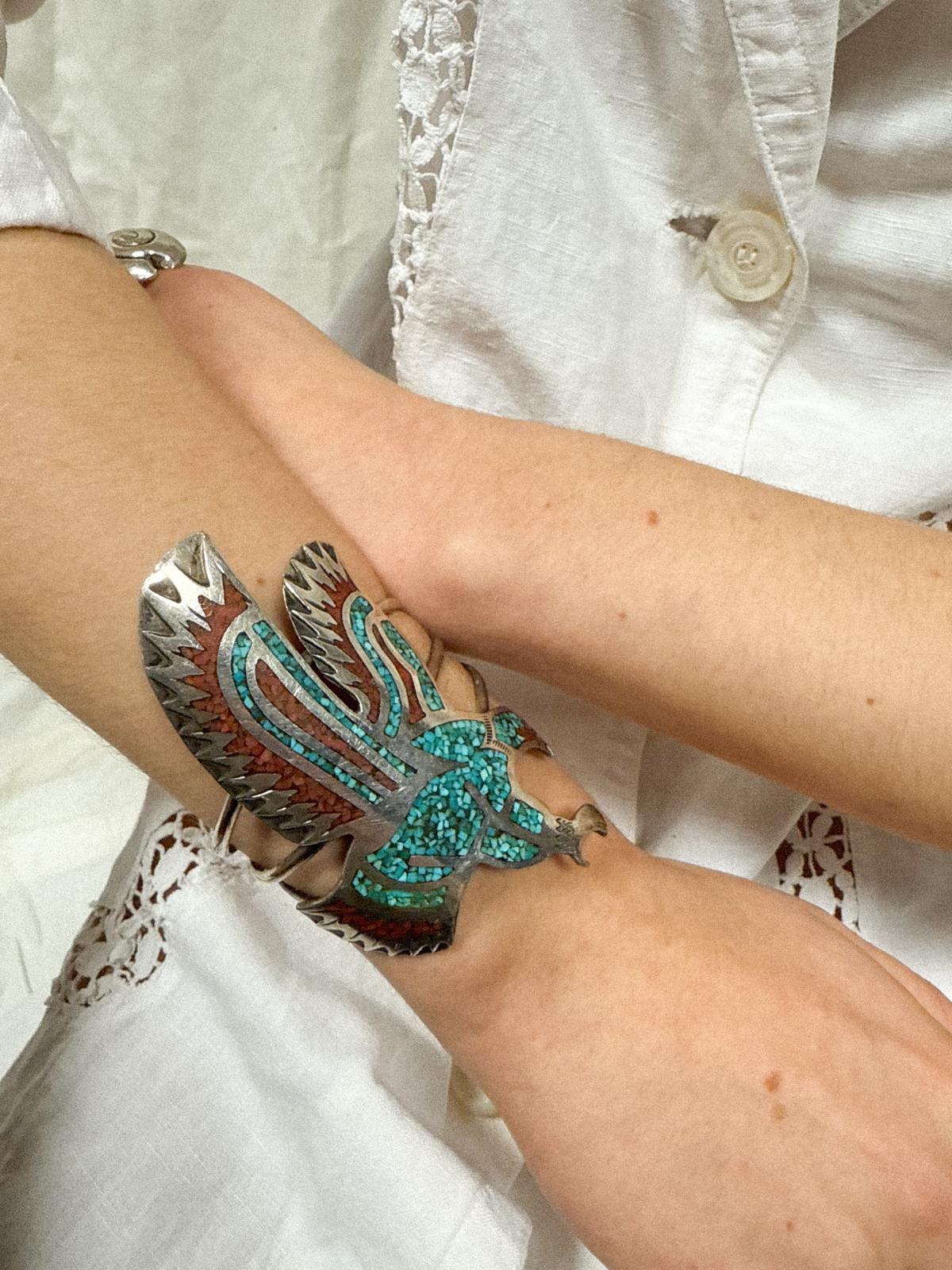 1960s–70s Southwestern Thunderbird Cuff in Sterling Silver with Turquoise and Coral Chip Inlay (HMIJ, Gilbert Ortega Shop)