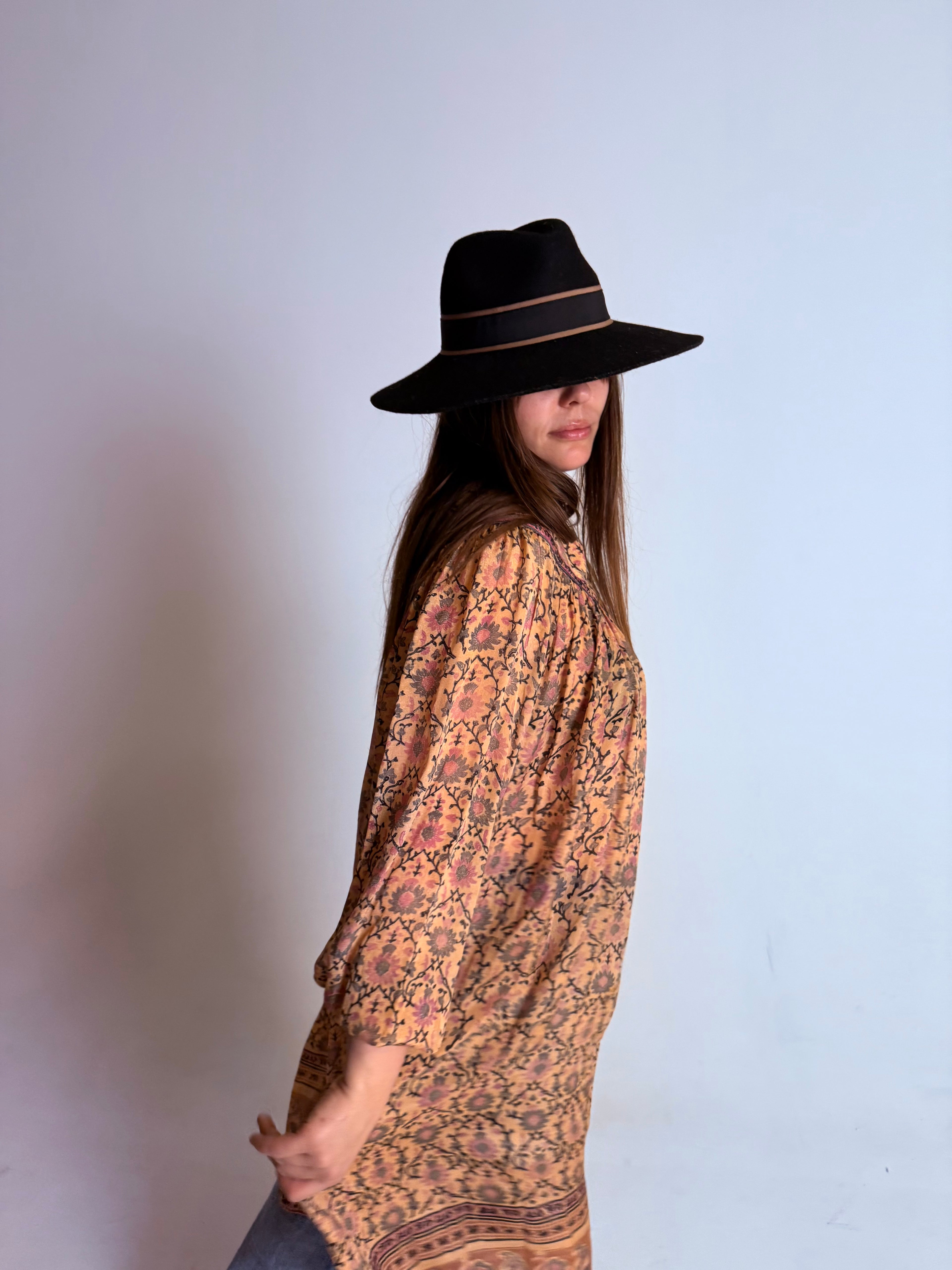 1970s Rare Phool 100% Silk Blockprint Tunic Dress- Free-Size