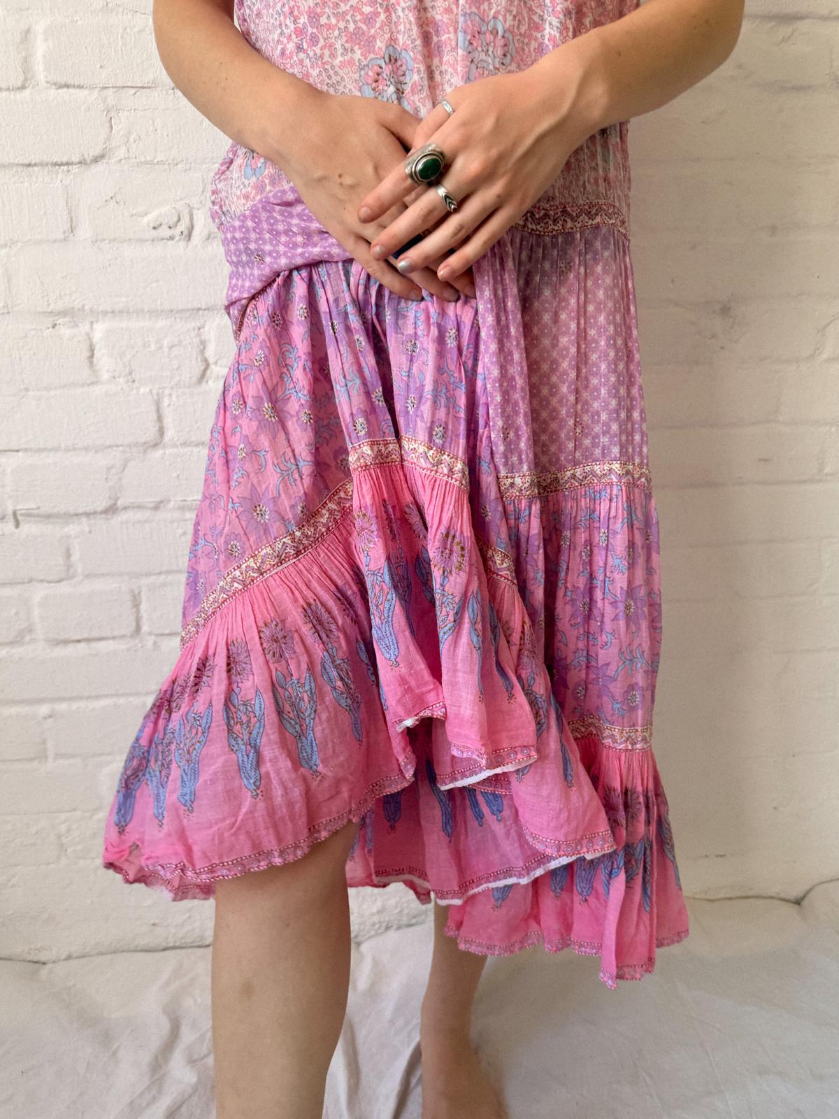 1970s Adini Indian Cotton Gauze Block Print Summer Dress