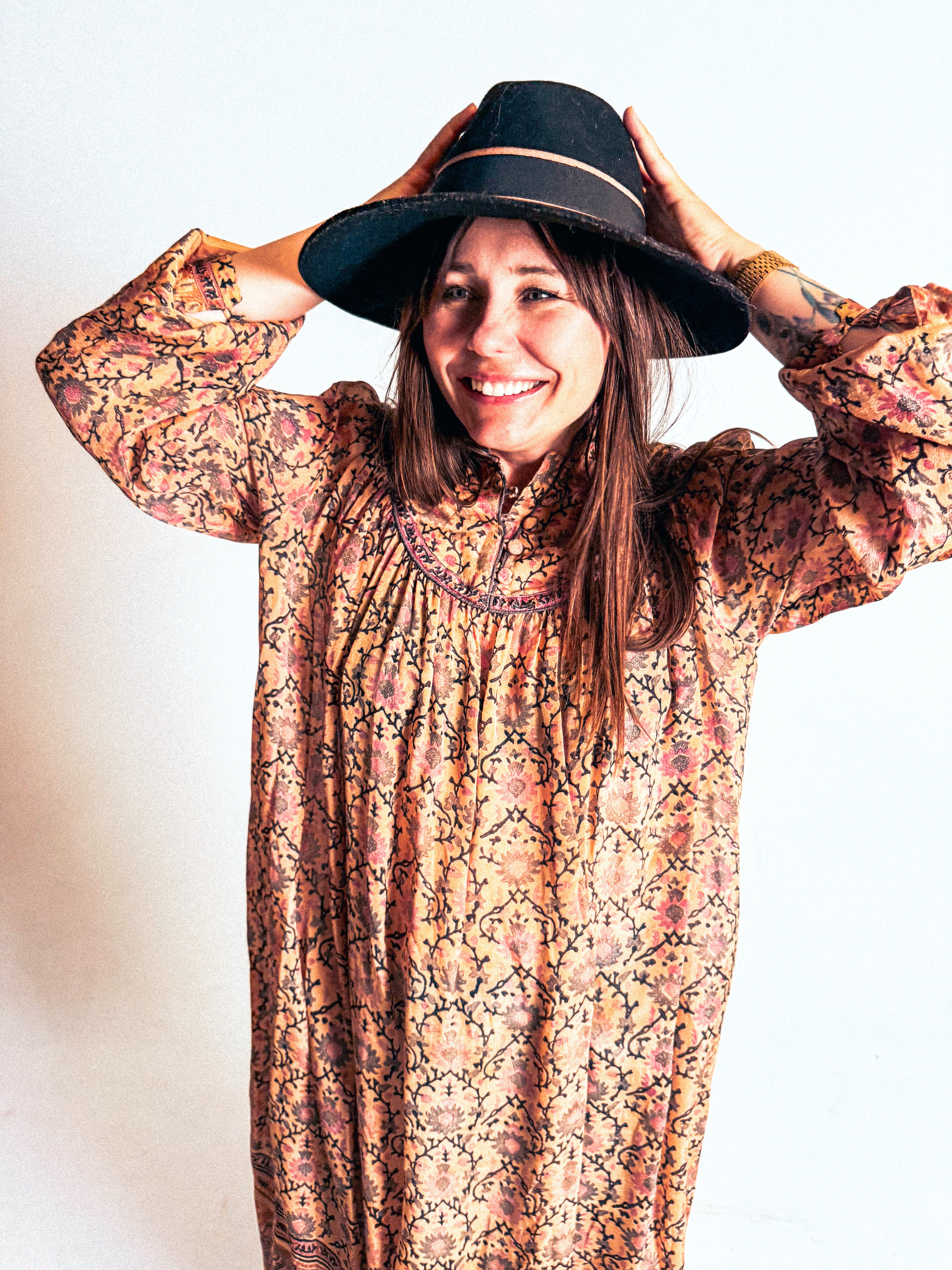 1970s Rare Phool 100% Silk Blockprint Tunic Dress- Free-Size