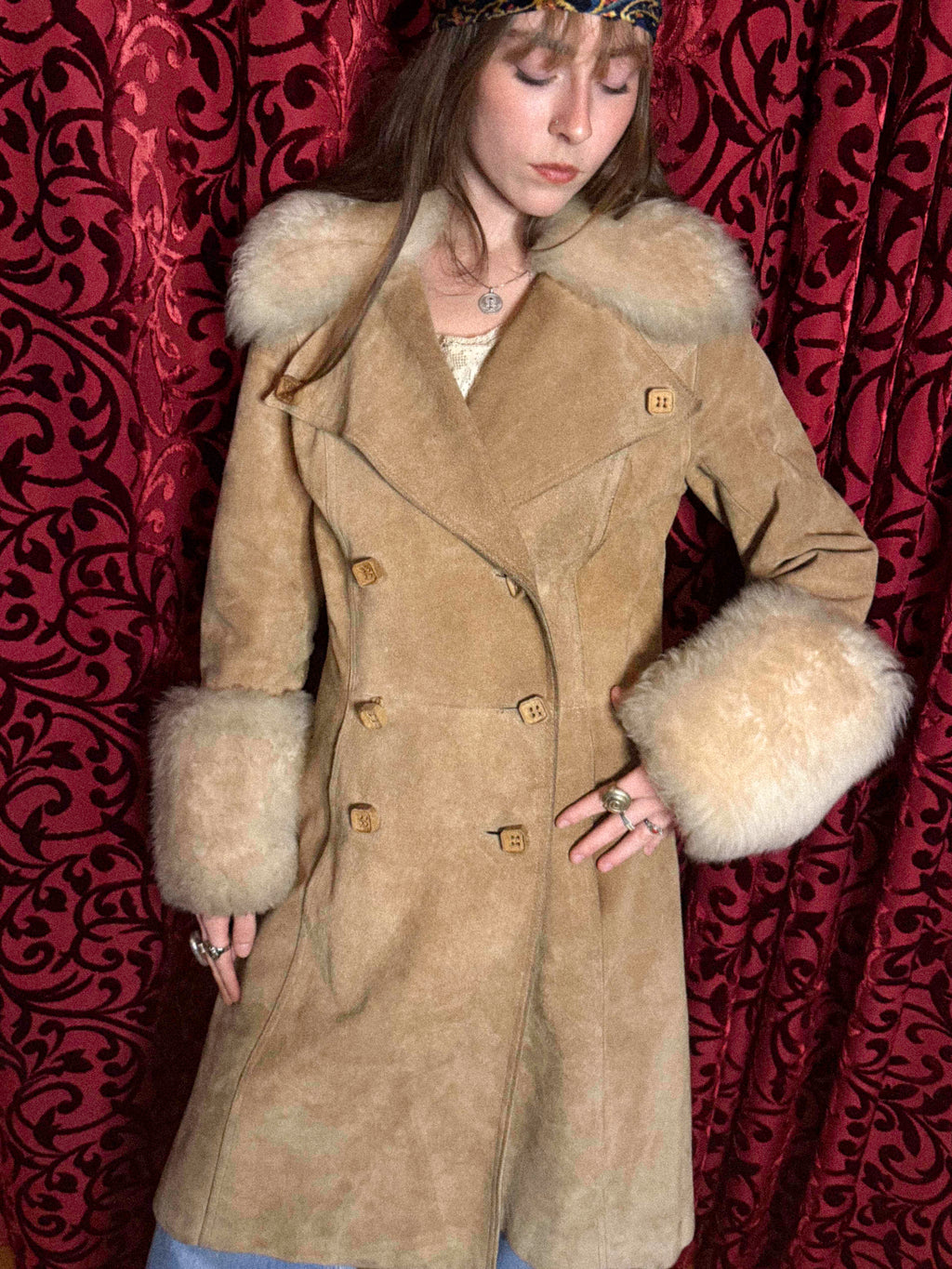 1970s Beige/Tan Suede Penny Lane Coat- Double-Breasted with Fur Collar and Cuffs