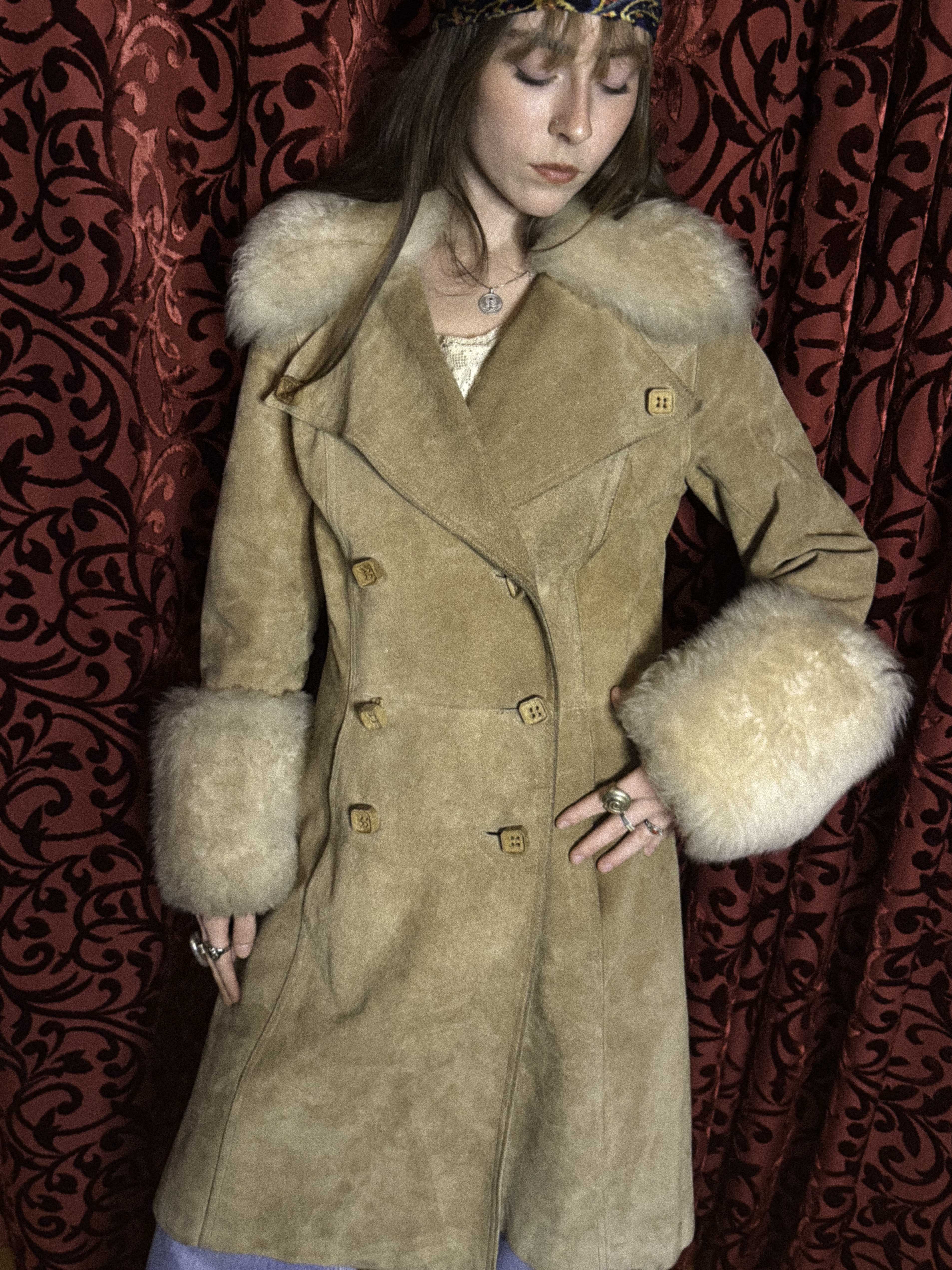 1970s Beige/Tan Suede Penny Lane Coat- Double-Breasted with Fur Collar and Cuffs