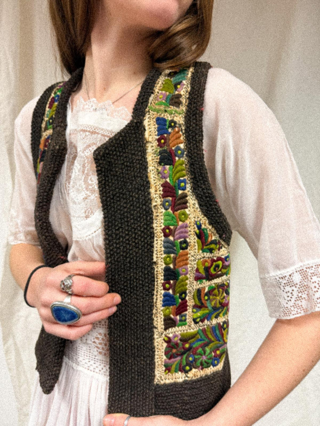 Early-mid 20th Century Romanian Transylvanian Leather Sheepskin Embroidered Vest