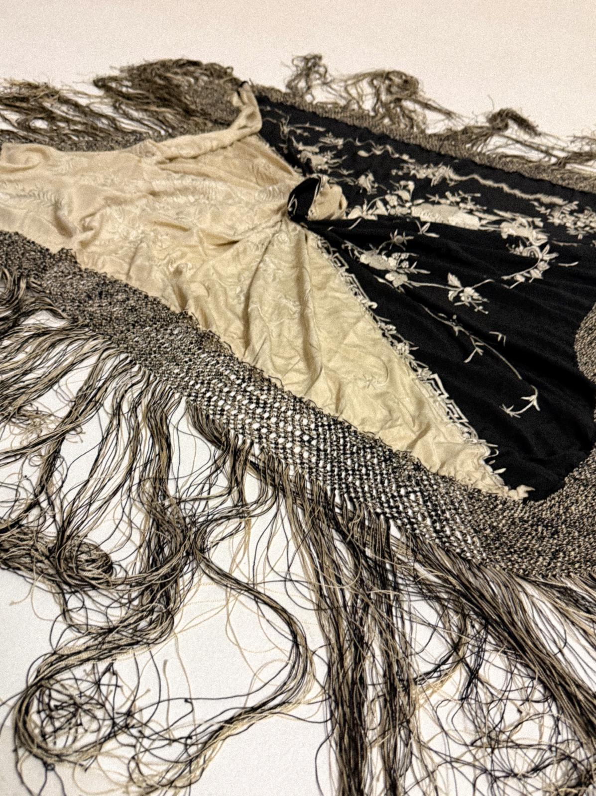 1920s Black & Ivory “Yin-Yang” Embroidered Silk Piano Shawl